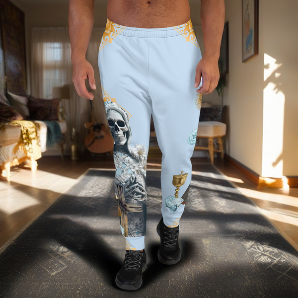 "Santa Muerte Blanca Joggers demonstrating a blend of fashion and spirituality."