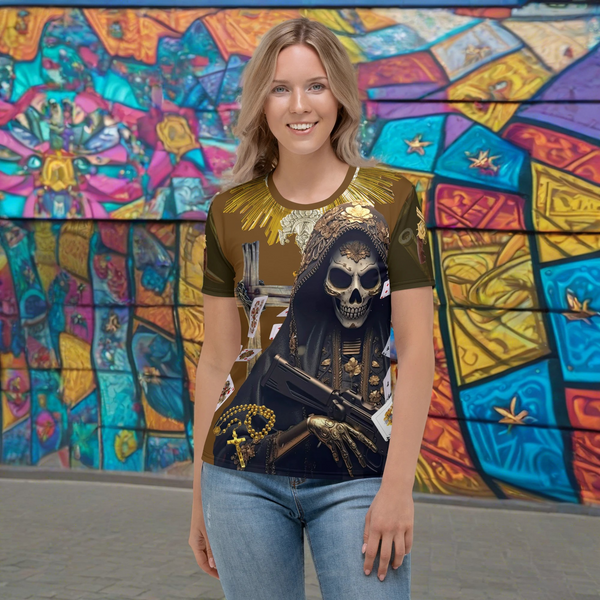 Spiritually-inspired Santa Muerte Narcos Edition All Over T-Shirt showcasing the vibrant design