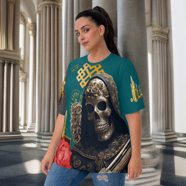 Spiritually-inspired Santa Muerte Narcos Edition All Over T-Shirt showcasing the vibrant design