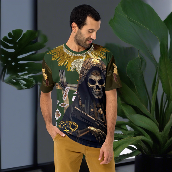 Spiritually-inspired Santa Muerte Narcos Edition All Over T-Shirt showcasing the vibrant design