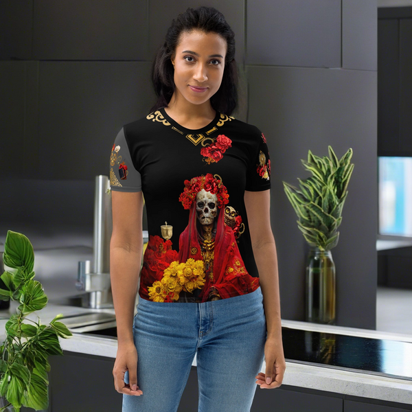 Santa Muerte Roja All Over T-Shirt, a symbol of love and protection.