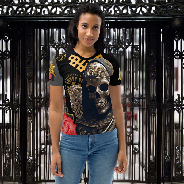 Spiritually-inspired Santa Muerte Narcos Edition All Over T-Shirt showcasing the vibrant design