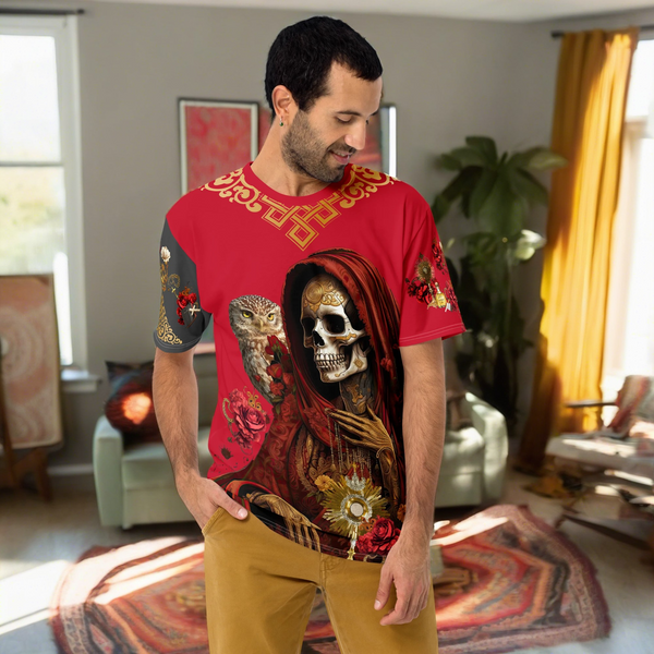 Santa Muerte Roja All Over T-Shirt, a symbol of love and protection.