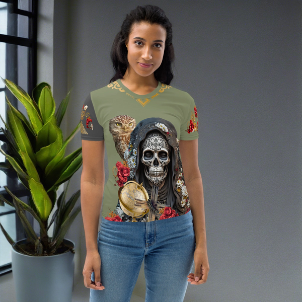 "Closeup of the All Over T-Shirt from the Santa Muerte Negra collection depicting the protective figure."