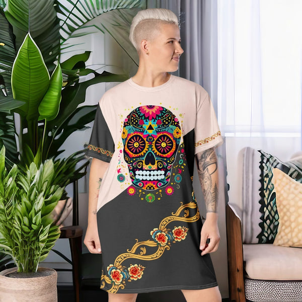 Vibrant Dia de los Muertos T-Shirt Dress with symbolic calaveras