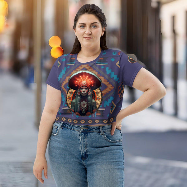 "Vibrant Amanita cropped t-shirt echoing Yakut spirituality"