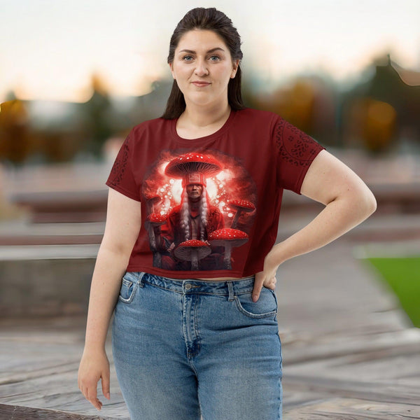 "Expressive Amanita cropped t-shirt paying homage to the sacred muscaria"