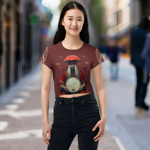 "Vibrant Amanita cropped t-shirt echoing Yakut spirituality"