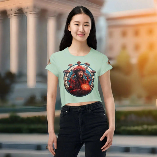 "Vibrant Amanita cropped t-shirt echoing Yakut spirituality"