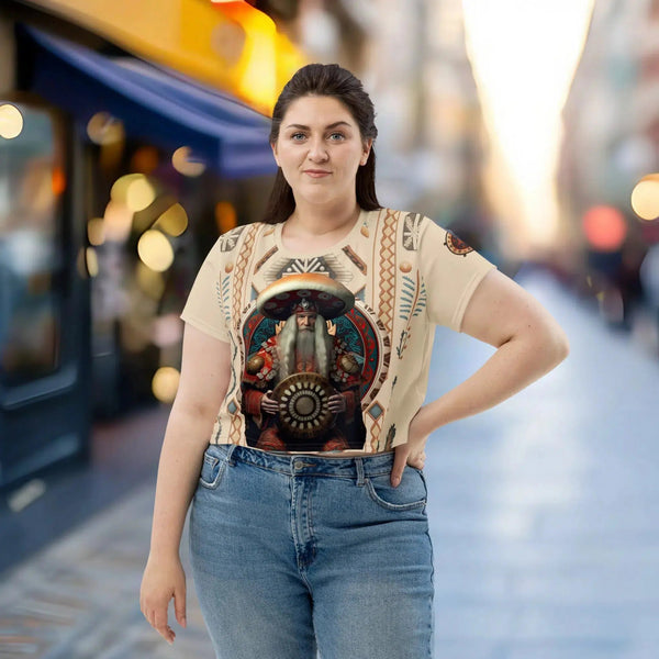 "Vibrant Amanita cropped t-shirt echoing Yakut spirituality"