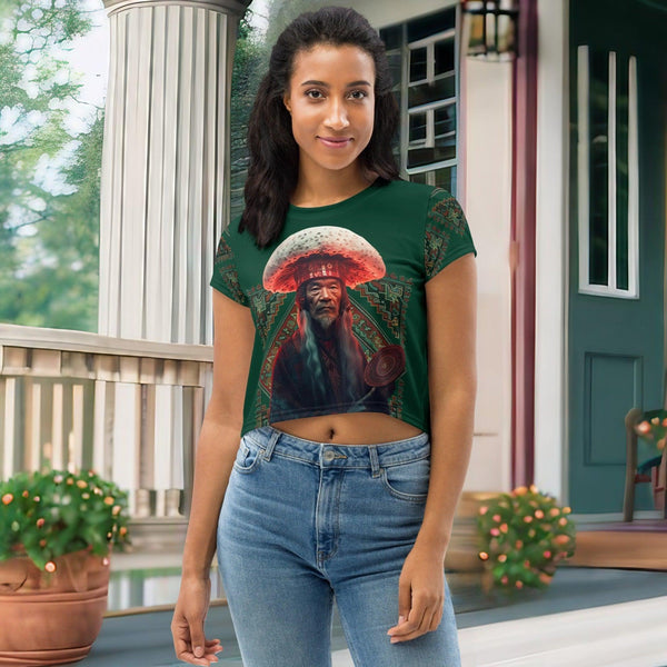 "Vibrant Amanita cropped t-shirt echoing Yakut spirituality"