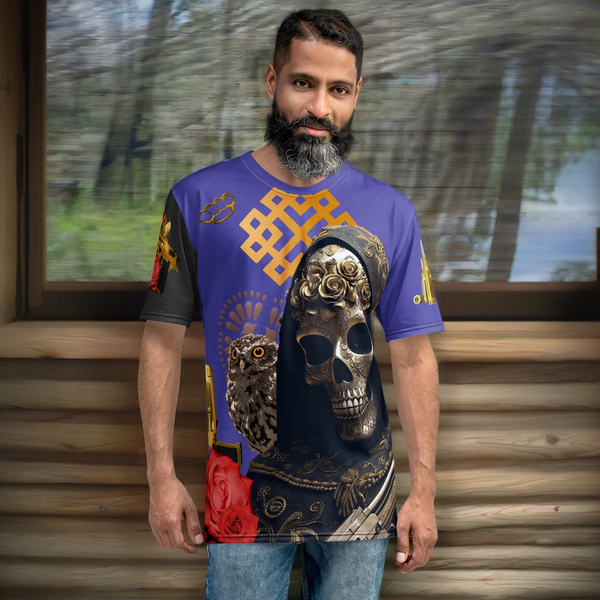 Spiritually-inspired Santa Muerte Narcos Edition All Over T-Shirt showcasing the vibrant design