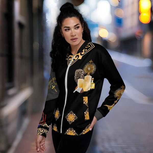 Stylish Santa Muerte Blanca Bomber Jacket with intricate white robe design