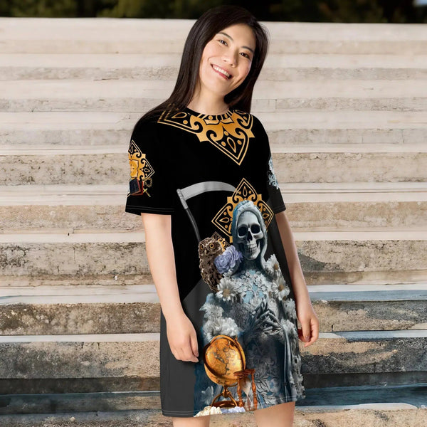 "T-shirt dress showcasing Santa Muerte Blanca symbols of purity."