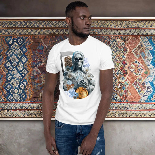"Santa Muerte Blanca T-Shirt showcasing sacred symbolism."