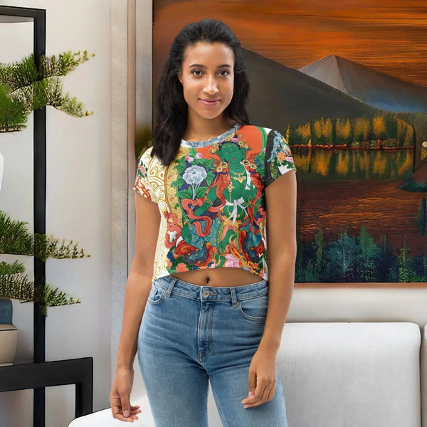 Cropped T-Shirt featuring the compassionate Green Tara from the Thangka Collection