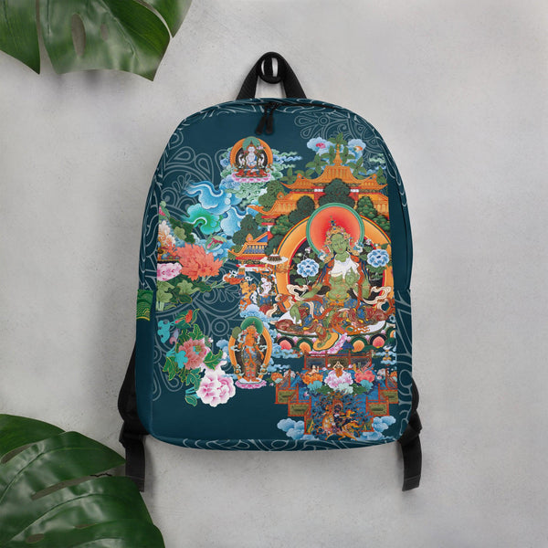 Backpack: Thangka Green Tara, merging Tibetan spiritual narrative with modern design.