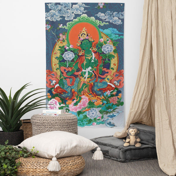 "Flag showcasing the compassionate essence of Green Tara from the Thangka Collection."