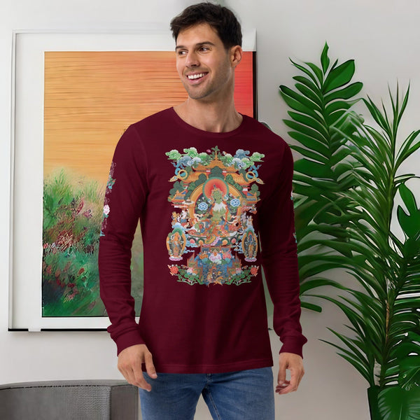 Stylish Thangka - Green Tara Long Sleeve Shirt with vibrant spiritual imagery.