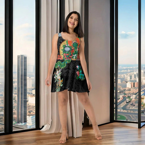 A woman in a Green Tara Thangka Skater Dress by Cosmovisions-AI standing in front of a window.