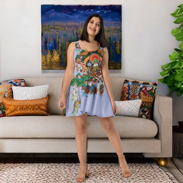 Exquisite Skater Dress - Green Tara from the Thangka Collection, a blend of fashion and Tibetan spirituality.