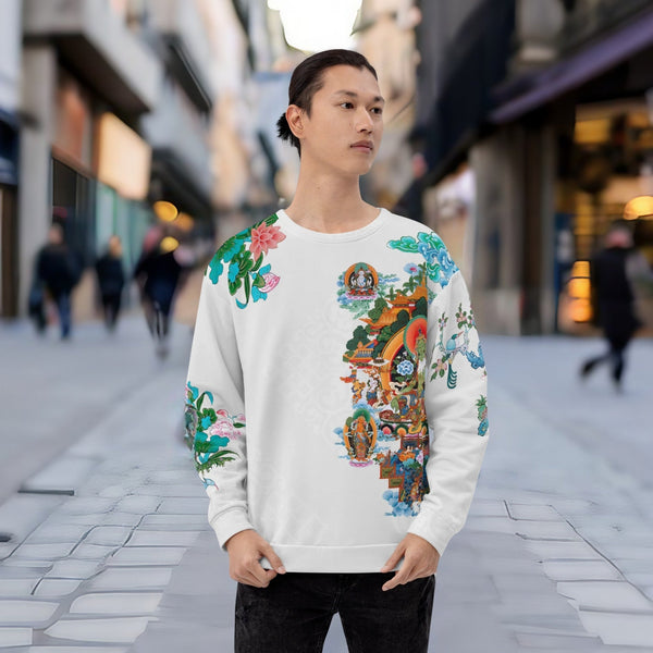 Thangka-Green-Tara Sweatshirt showing intricate Tibetan symbols