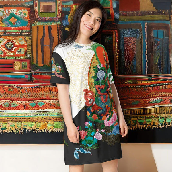 A woman is posing for a picture in front of a Green Tara Thangka T-shirt dress by Cosmovisions-AI.