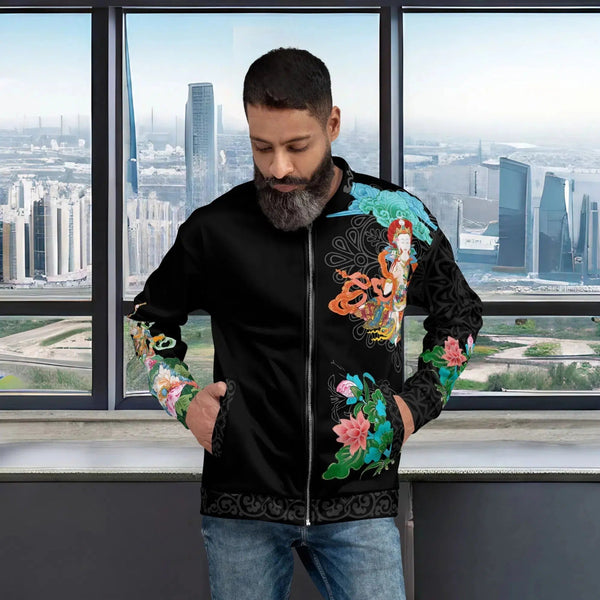 Green Tara Thangka Bomber Jacket - a fusion of spirituality and fashion
