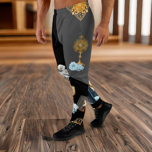 Santa Muerte Blanca Joggers demonstrating a blend of fashion and spirituality