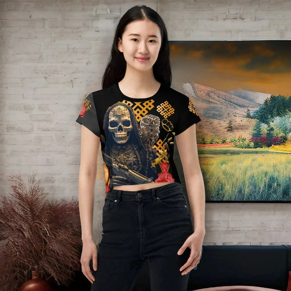 "Intricate Santa Muerte design on T-shirt Cropped from Santa Muerte Narcos Edition"