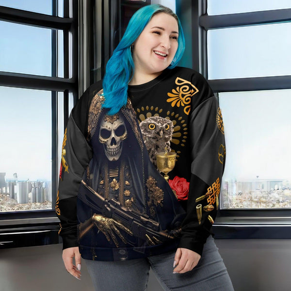 "High-quality Sweatshirt from Santa Muerte Narcos Collection showing unique spiritual symbol."
