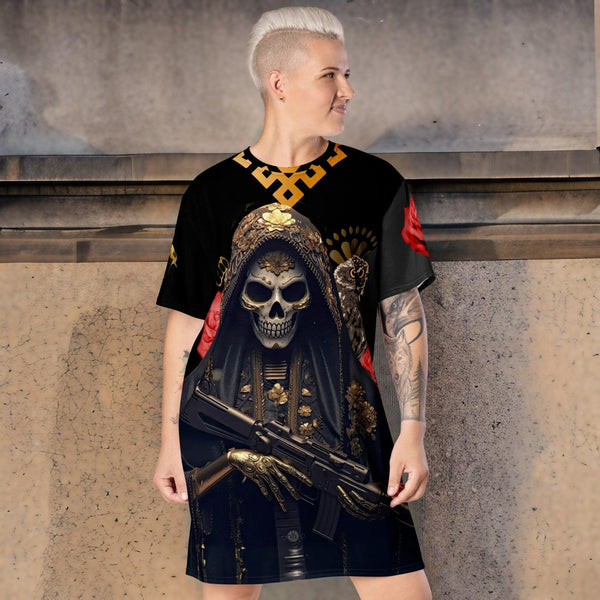 Santa Muerte Narcos Edition T-Shirt Dress featuring mesmerizing design