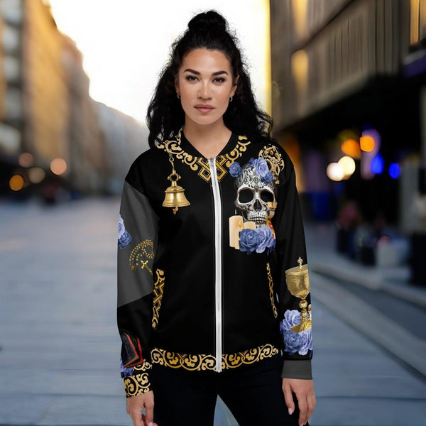 "Santa Muerte Negra Bomber Jacket featuring protective symbolism"