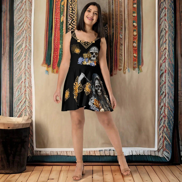 "Intricate Santa Muerte print on 'Skater Dress' from 'Santa Muerte Negra' Collection."