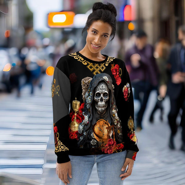 "Santa Muerte Negra sweatshirt from Cosmovisions Collection"