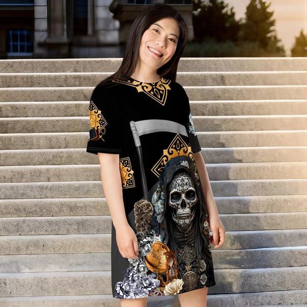 "Santa Muerte Negra Collection T-Shirt Dress - Symbol of protection and resilience."
