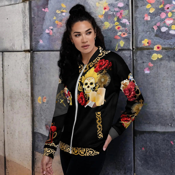 "Exquisite design of Santa Muerte Roja Bomber Jacket from Santa Muerte Roja collection."
