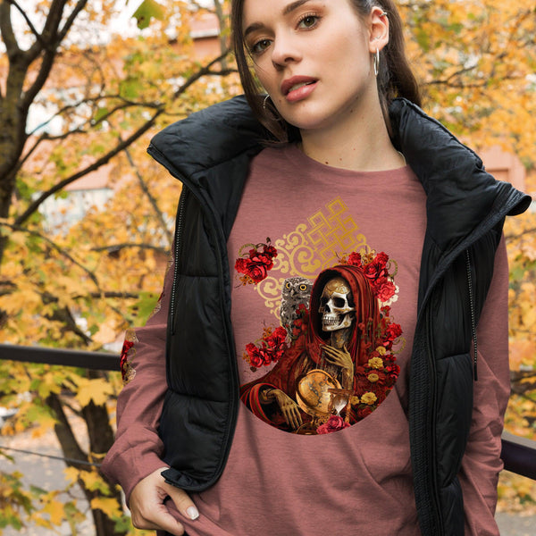 "Blend of ancient spirituality and modern fashion in Santa Muerte Roja Long Sleeve."
