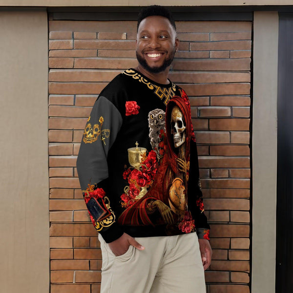 "Vibrant 'Santa Muerte Roja' Sweatshirt from Cosmovisions Collection"