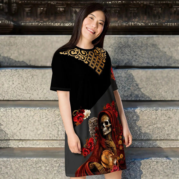 "T-Shirt Dress featuring Santa Muerte Roja design from Cosmovisions"