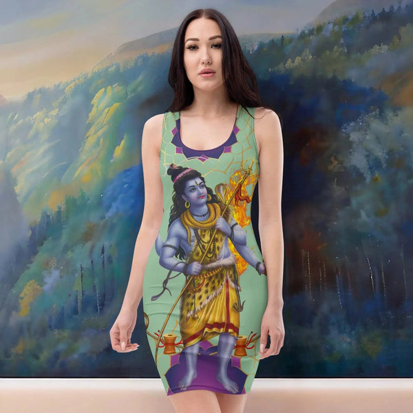 A woman wearing a Shiva Hindu Dress with an image of lord shiva, made by Cosmovisions-AI.