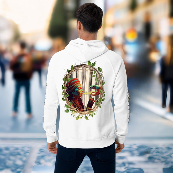 Ayahuasca-inspired Eco Hoodie from Cosmovisions Ayahuasca Collection, featuring symbolic tribal patterns