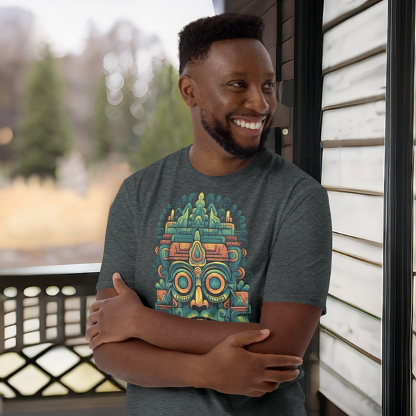 Intricate design of Olmec t-shirt from Cosmovisions.