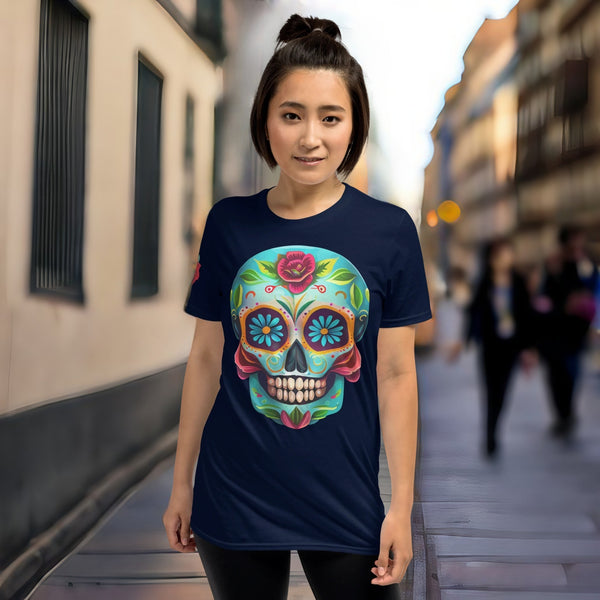 Vibrantly painted calavera design on Dia de los Muertos T-shirt from Dia de los Muertos collection.