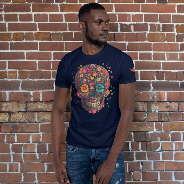Vibrantly painted calavera design on Dia de los Muertos T-shirt from Dia de los Muertos collection