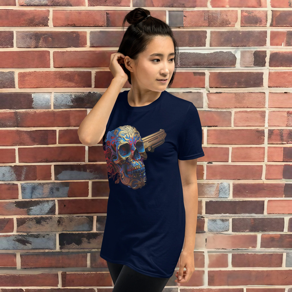 Vibrantly painted calavera design on Dia de los Muertos T-shirt from Dia de los Muertos collection