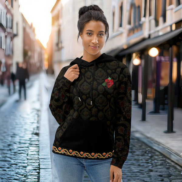 Intricate calaveras design on the Dia de los Muertos Hoodie from Cosmovisions.