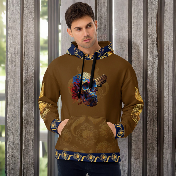 Intricate calaveras design on the Dia de los Muertos Hoodie from Cosmovisions