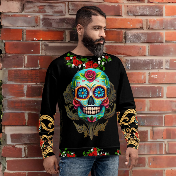 Dia de los Muertos Sweatshirt with sugar skull motif from Cosmovisions' Dia de los Muertos collection