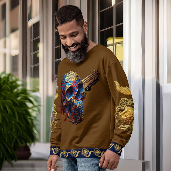 Vibrant Dia de los Muertos Sweatshirt with sugar skull motif from Cosmovisions' Dia de los Muertos collection